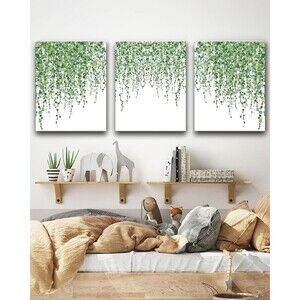 Canvas Wood Framed Wall Art, Plant Vine with Round Disc Leaves, 12"x16" Set of 3